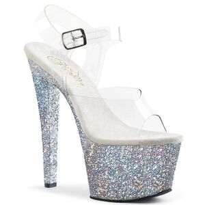 Pleaser Sky 308LG/C/GG, Size 7, Clear/Silver/multi Glitter. 7 inch Heels